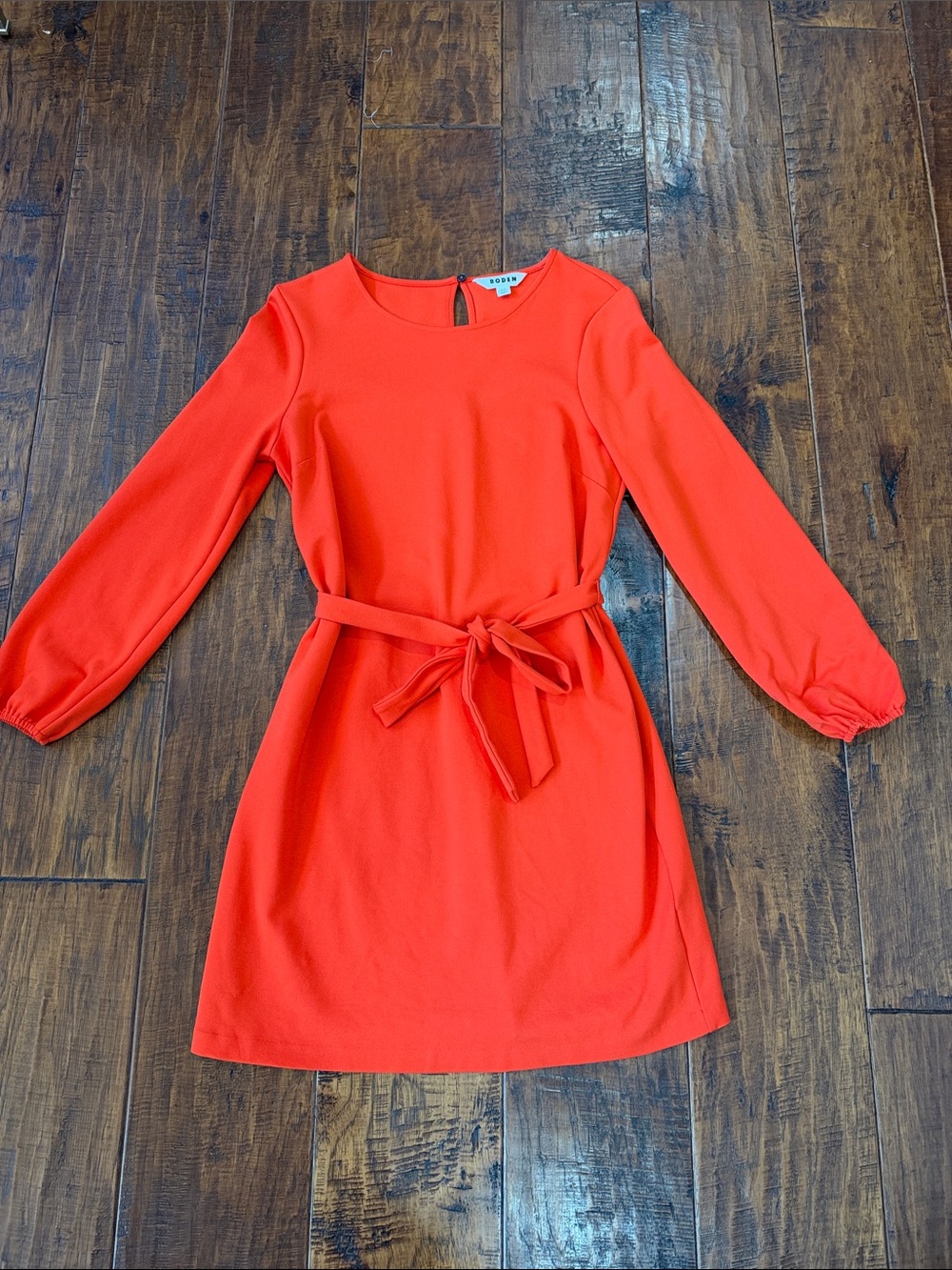 Boden Orange Red Violet Shift Jersey Long Sleeve Tie Waist Dress 8P